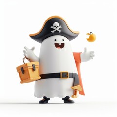 Fototapeta premium Cute ghost pirate character with a treasure chest and a golden coin.