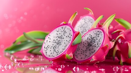 Fresh Pink Dragon Fruit Cut In Half on Vibrant Background
