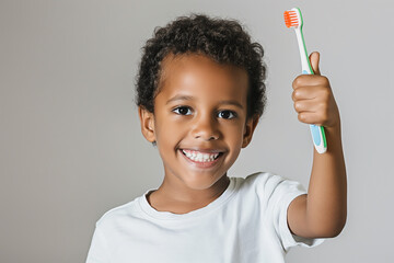 Smiling Black Boy Holding Toothbrush, Dental Hygiene, White Shirt