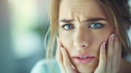 Fototapeta premium Woman Experiencing Toothache, Facial Pain, Dental Health Issue