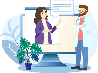 Doctor explaining diagnosis to patient through video call on computer, telemedicine concept