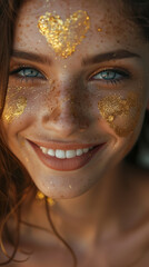 Close-up of a Smiling Woman with Freckles and Golden Glitter on Face