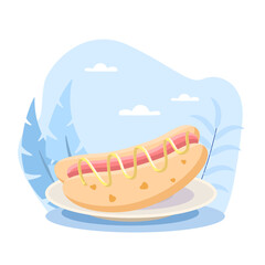 Delicious hot dog with mustard lying on plate on summer background