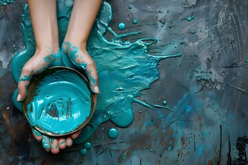 Hands Holding a Bowl of Spilled Blue Paint on a Textured Surface
