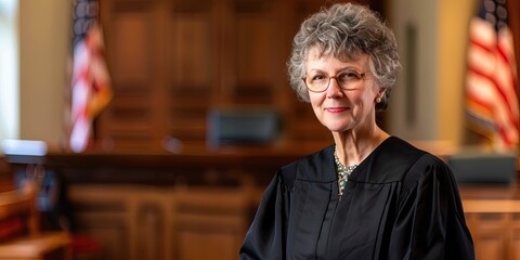 older female judge standing in courtroom chambers