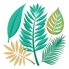 Tropical different types of exotic leaves set. Jungle plants. Calathea, Monstera, and palm leaves. Realistic vector  illustration isolated on a white background
