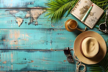 Travel Essentials on a Rustic Blue Wooden Table