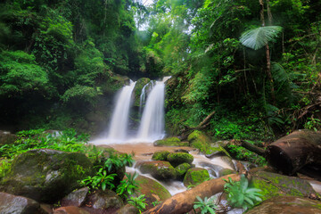 The Sapan waterfall during rain season in Nan province, Thailand.