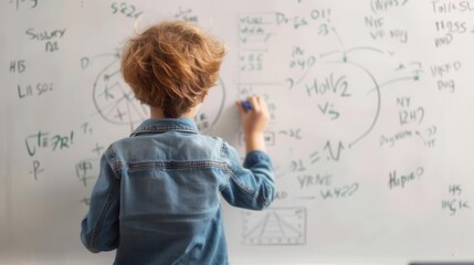 Young child solving complex math equations on a whiteboard, showcasing early education and learning. Candid moment of childhood curiosity.