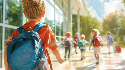 Fototapeta premium Children with backpacks and new school supplies, excitedly entering a school building