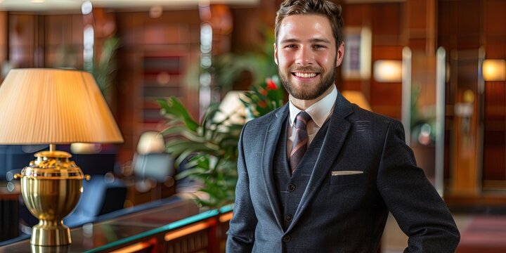 hotel concierge standing in hotel lobby, copy space