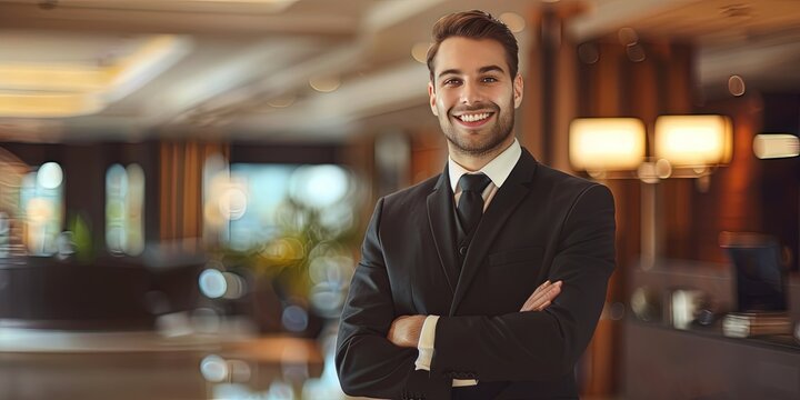 hotel concierge standing in hotel lobby, copy space