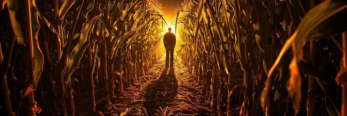 inside tall corn maze at night,
