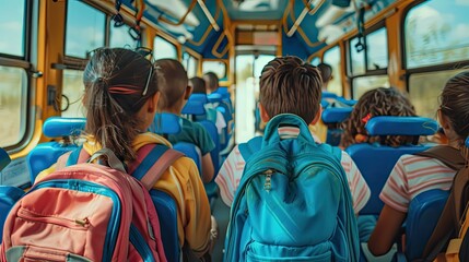Fototapeta premium Children with backpacks sitting in bus interior, group of kindergarten students go to school by bus