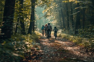 Fototapeta premium Active Family Cycling Together on Scenic Forest Trail Amidst Lush Greenery