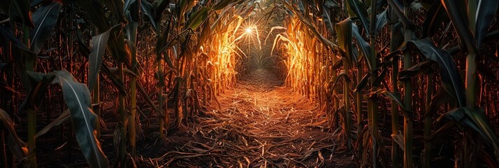 inside tall corn maze at night,