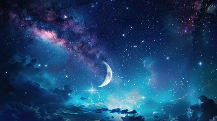 Fototapeta premium Night sky filled with twinkling stars and a bright crescent moon, capturing the magic and mystery of the cosmos, ideal for inspirational and dreamy designs