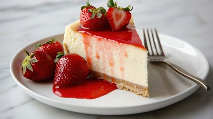photo of a slice of New York cheesecake with strawberry sauce, with fresh strawberries and a fork next to it