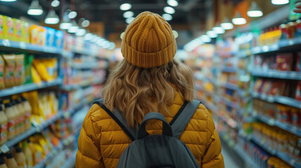 Shopper in a bright supermarket aisle, weighing options before making a decision.

