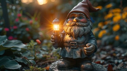 statue of a cheerful gnome holding a flashlight, standing in a garden