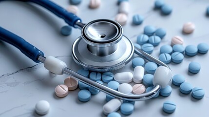 Stethoscope and medicine pills