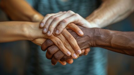 Hands of different ethnicities coming together in unity