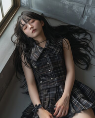 制服姿で横たわる若い日本人女性のポートレート