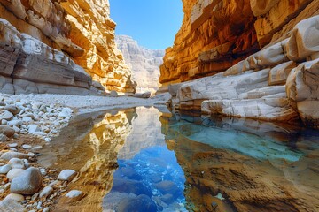 Serene Canyon with Crystal Clear Water Reflecting Majestic Rock Formations