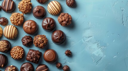 Obraz premium Assorted chocolates and candies on blue background, ideal for copy space utilization