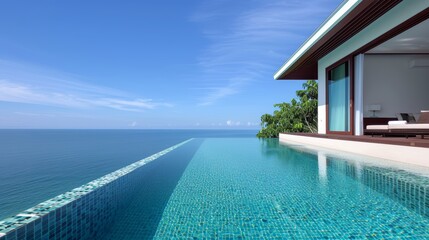 Fototapeta premium A luxurious tropical resort, infinity pool overlooking the ocean, no people, clear blue skies, high-resolution, serene and refreshing, realistic