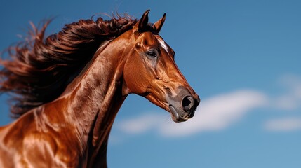 Fototapeta premium A majestic horse galloping, mane flowing, muscles flexing with every stride, an elegant close-up that highlights the power and beauty of motion