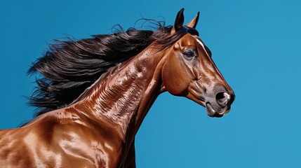 Obraz premium A majestic horse galloping, mane flowing, muscles flexing with every stride, an elegant close-up that highlights the power and beauty of motion