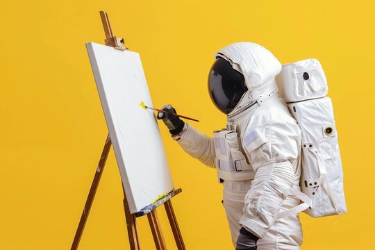 An astronaut is painting a picture on canvas, against a yellow background.