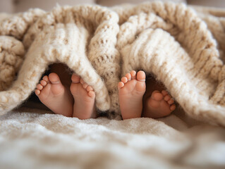 Baby feet peeking from under a cozy blanket, warm and adorable scene with copy space