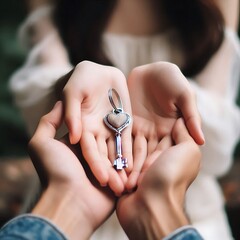A women hand with love shape key and give to a man hand. Symbolic of love between man and women. 