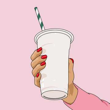 Illustration of a Woman's Hand Holding a Disposable Paper Cup With Lid and Straw. Isolated 3D Vector Style Mockup. Blank White Takeaway Drink on Pink Background