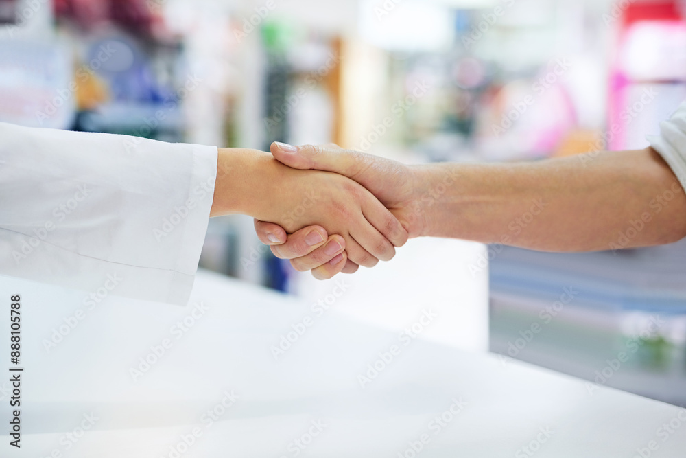 Canvas Prints Pharmacy, customer and people with handshake, thank you and wellness with agreement. Success in medicine, professional and medical with client, shaking hands and compassion with cure and healthcare