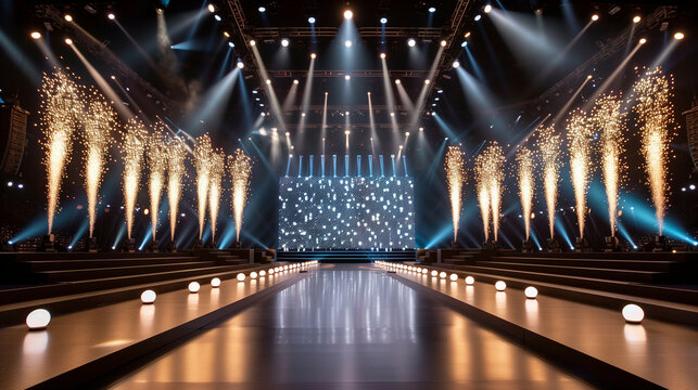 Wide shot of the Miss America stage at the finale, with fireworks and celebratory decorations illuminating the scene 
