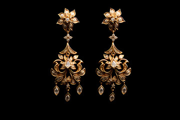 Fototapeta premium Close up of diamond necklace on black background with diamond ear ring, Bridal necklace studded with rubies, emeralds and precious stones