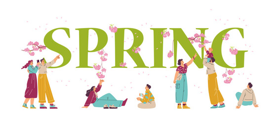 People enjoying of Japanese cherry trees blossom or Sakura flowers, Hanami festival on spring season vector poster © Kudryavtsev