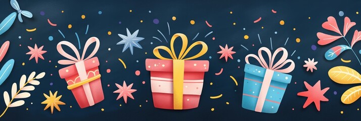 Obraz premium Colorful wrapped gift boxes with bows on dark background, surrounded by festive elements banner