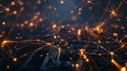 Close-up of an abstract geometric surface with interconnected triangular facets and glowing orange nodes