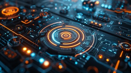 Close-up of a futuristic digital interface with glowing orange and blue circular elements, complex circuits