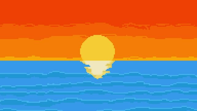 Sun and sea, sunset pixel animaton, pixel animation, background video, sunlight reflection on the sea, beautiful sight, pixel art video, illustrator.