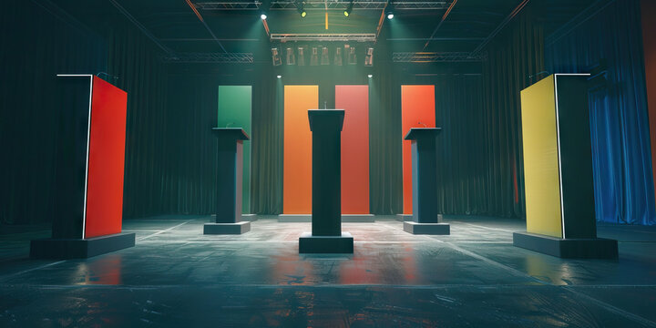 The Grand Debate: A row of empty podiums, waiting for passionate speeches to begin.