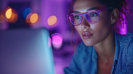 Brazilian woman crafting digital portfolio at home office with modern computer and art tools