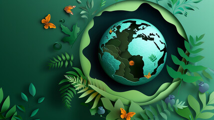 Earth Day concept. Paper cut web template illustration. Multi-color papercut layer showing planet earth surrounded by nature.