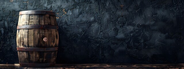 Old wooden barrel on dark background, banner with copy space area for text