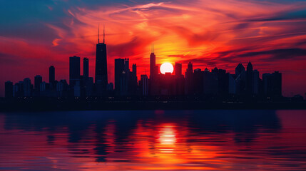 A city skyline silhouetted against the vibrant colors of a setting sun