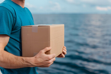 Trend and increase in online ordering and shipping around the world, easy and popularity of purchasing products on the internet, delivery man holding cardboard box on cargo chip